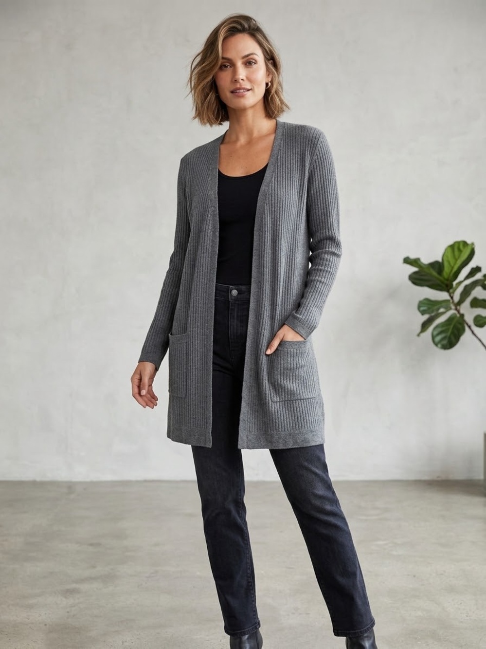 Eileen Fisher Wool Grey Ribbed Open-Front Long Sleeve Cardigan Size M